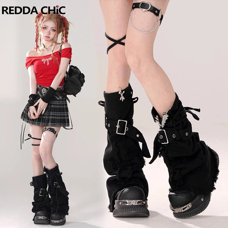 

REDDACHiC Stitch Cross Raw Edge Denim Leg Warmers Women Grayu Y2k Black Boots Cover Belt Bandage Knee Long Socks Vintage Clothes