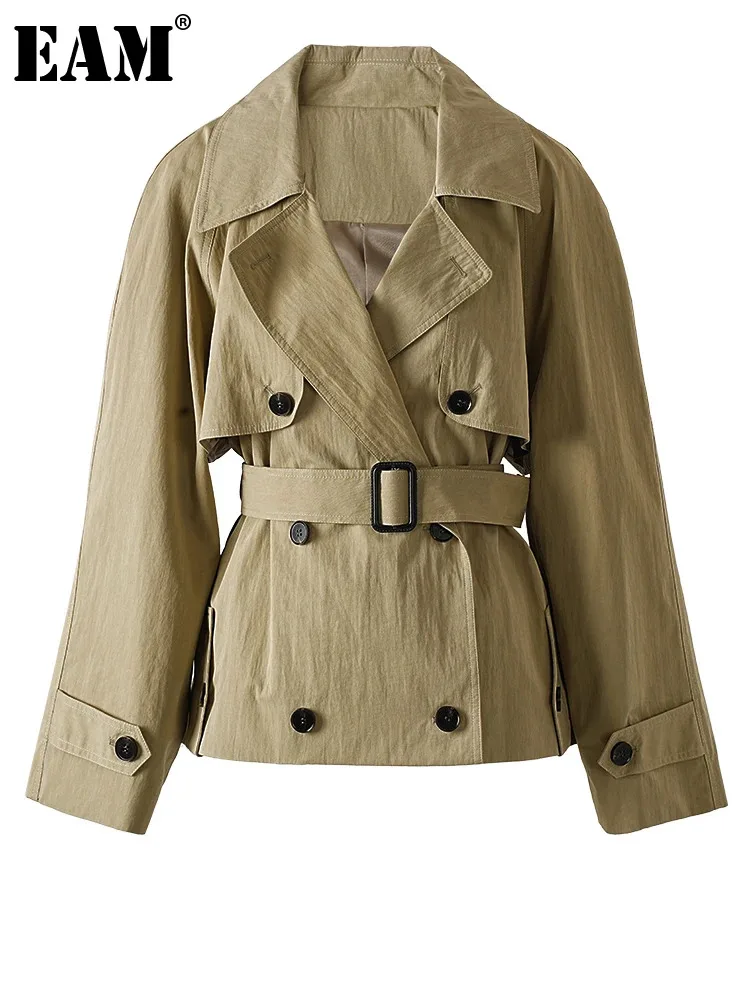 

[EAM] Women Khaki Belted Big Size Casual Short Trench New Lapel Long Sleeve Windbreaker Fashion Tide Spring Autumn 2024 CPG1201