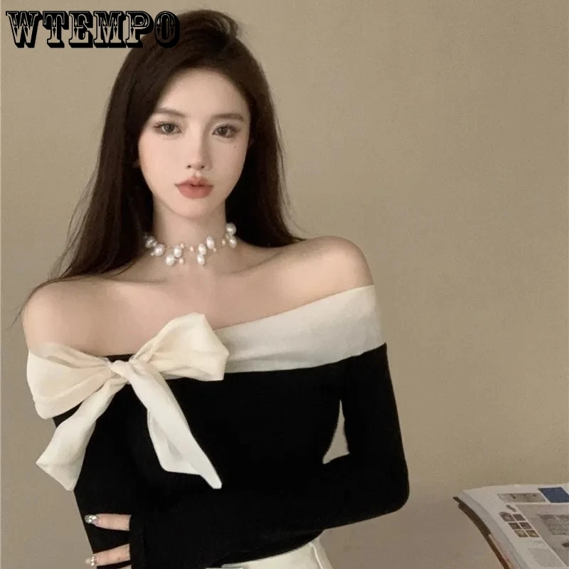 WTEMPO French Style Pullovers Women Bow Slash Neck Patchwork Off Shoulder Knitted Tops Sexy Slim Stretchy Ladies Elegant Jumpers
WTEMPO French Style Pullovers Women Bow Slash Neck Patchwork Off Shoulder Knitted Tops Sexy Slim Stretchy Ladies Elegant Jumpers