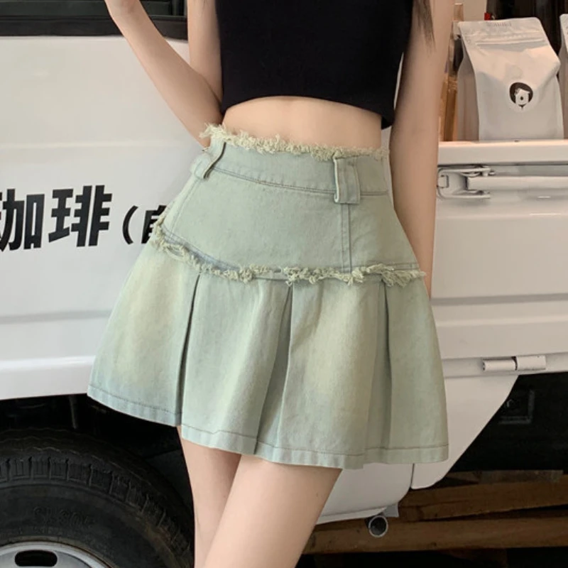 

Deeptown Vintage Pleated Denim Skirt Women Sweet Y2k Kawaii Retro Mini Skirts Patchwork Streetwear Casual Basic Jean Short Skirt