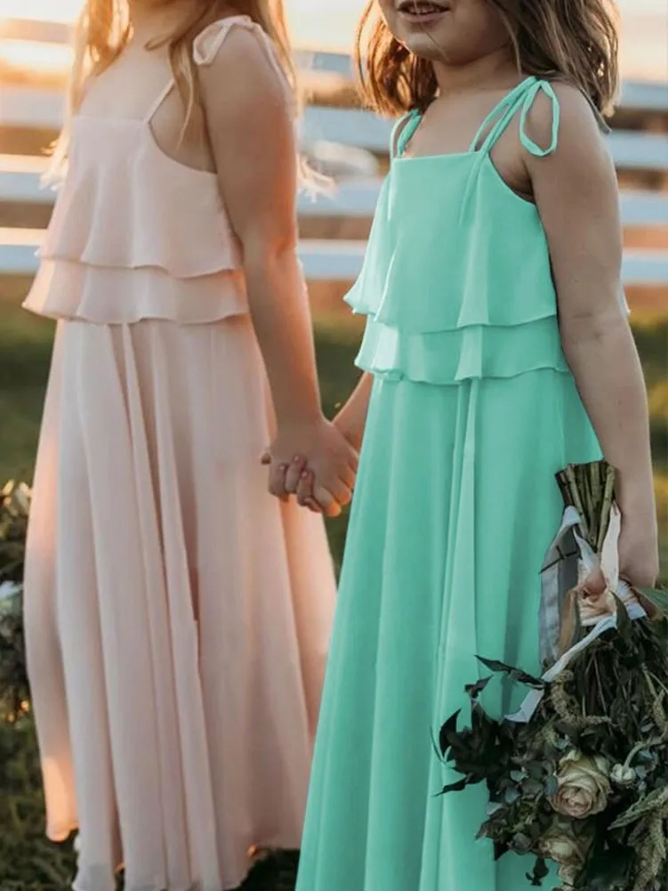 

Ruffles Chiffon Bridesmaid Dresses For Juniors A-Line Spaghetti Straps Wedding Flower Girl First Communion Dress Long Prom Gowns