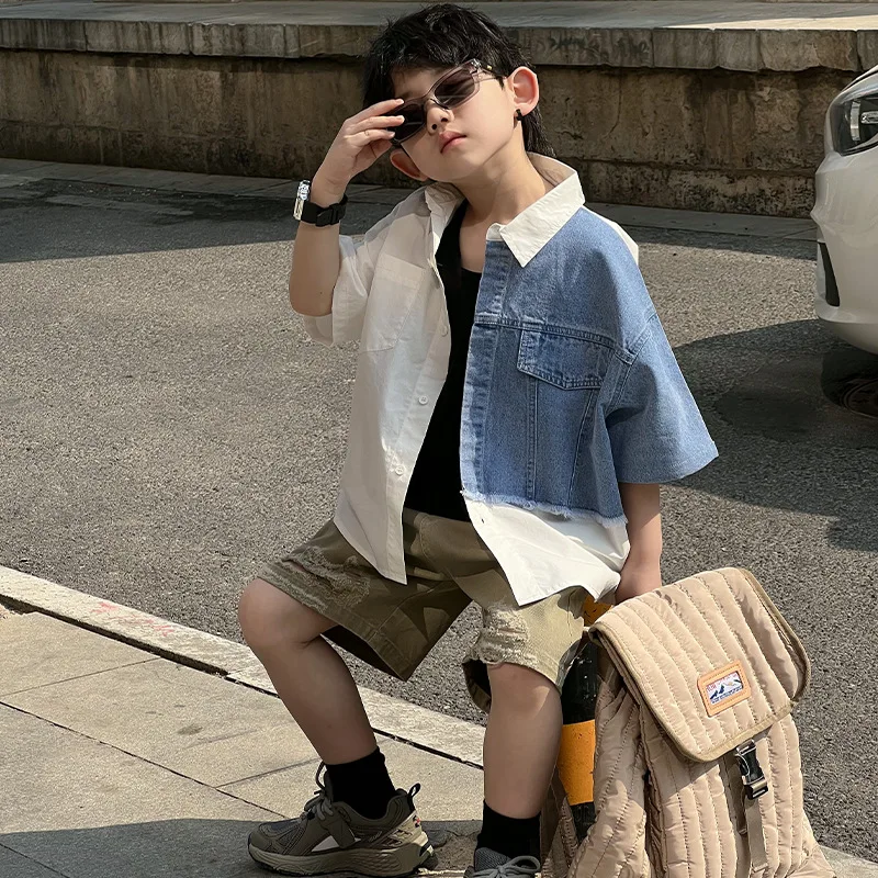2023 Summer Short Sleeve Shirt Boys' Thin Shirt Children's Denim Patchwork Top Fashionable Clothes
2023 Summer Short Sleeve Shirt Boys' Thin Shirt Children's Denim Patchwork Top Fashionable Clothes