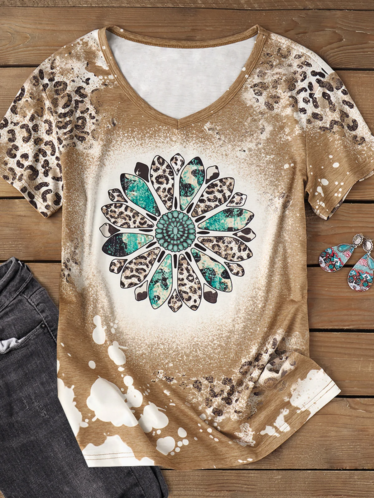 

Leopard Turquoise Sunflower Bleached T-Shirt Tee Women's Clothing Letter Graphic Tees Shirt Sport Gymnastics Femme Fashion Tops