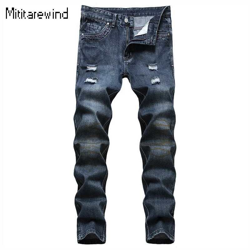 Мужские рваные джинсы в стиле High Street четыре сезона, синие прямые джинсы с персонализированным принтом, трендовая уличная одежда Y2k 
Мужские рваные джинсы в стиле High Street четыре сезона, синие прямые джинсы с персонализированным принтом, трендовая уличная одежда Y2k