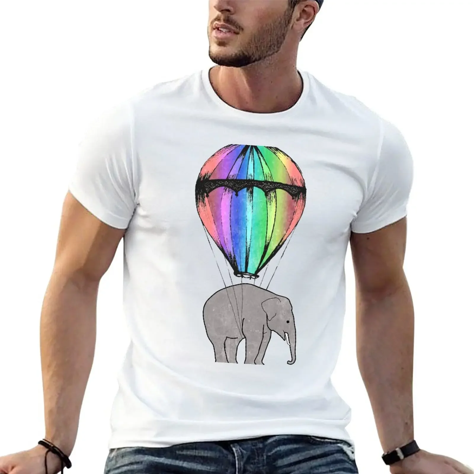 

Flying elephant with balloon in rainbow colors T-Shirt new edition boys animal print vintage clothes mens graphic t-shirts anime