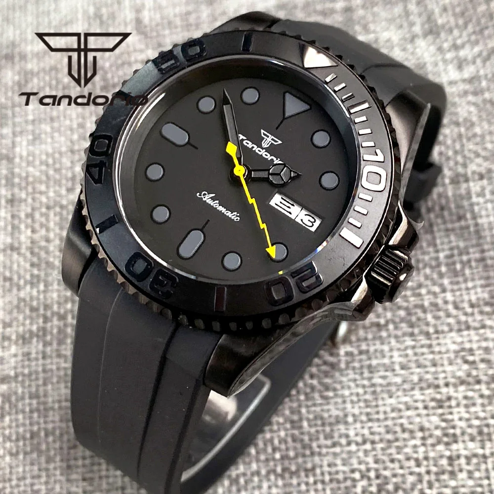 

Tandorio NH36A Black PVD 40mm Automatic Men's Watch Week Date Display Rotating Bezel Sapphire Glass Yellow Flash Second Rubber