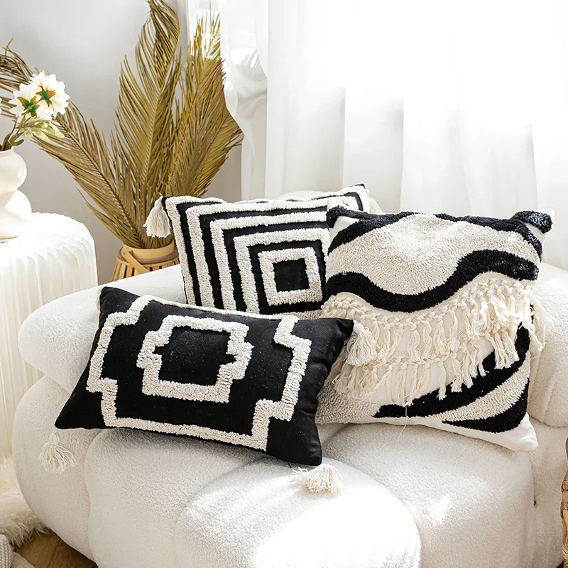 

Boho Cushion Cover Tufted Pillow Cover Black Ivory Tassels for Home Decoration Living Room Bedroom Sofa Couch Square 45x45cm