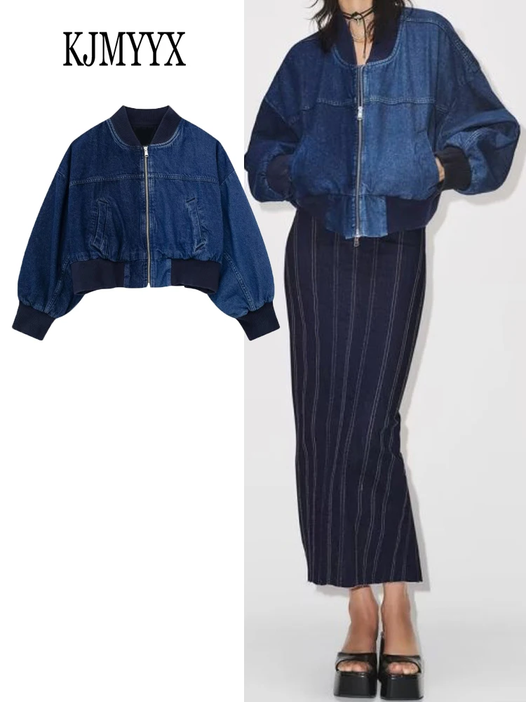 

KJMMYX 2023 Autumn Winter Women Fashion Contrast Denim Bomber Jacket Long Sleeve Round Neck Female Crop Coat Warm Outerwear