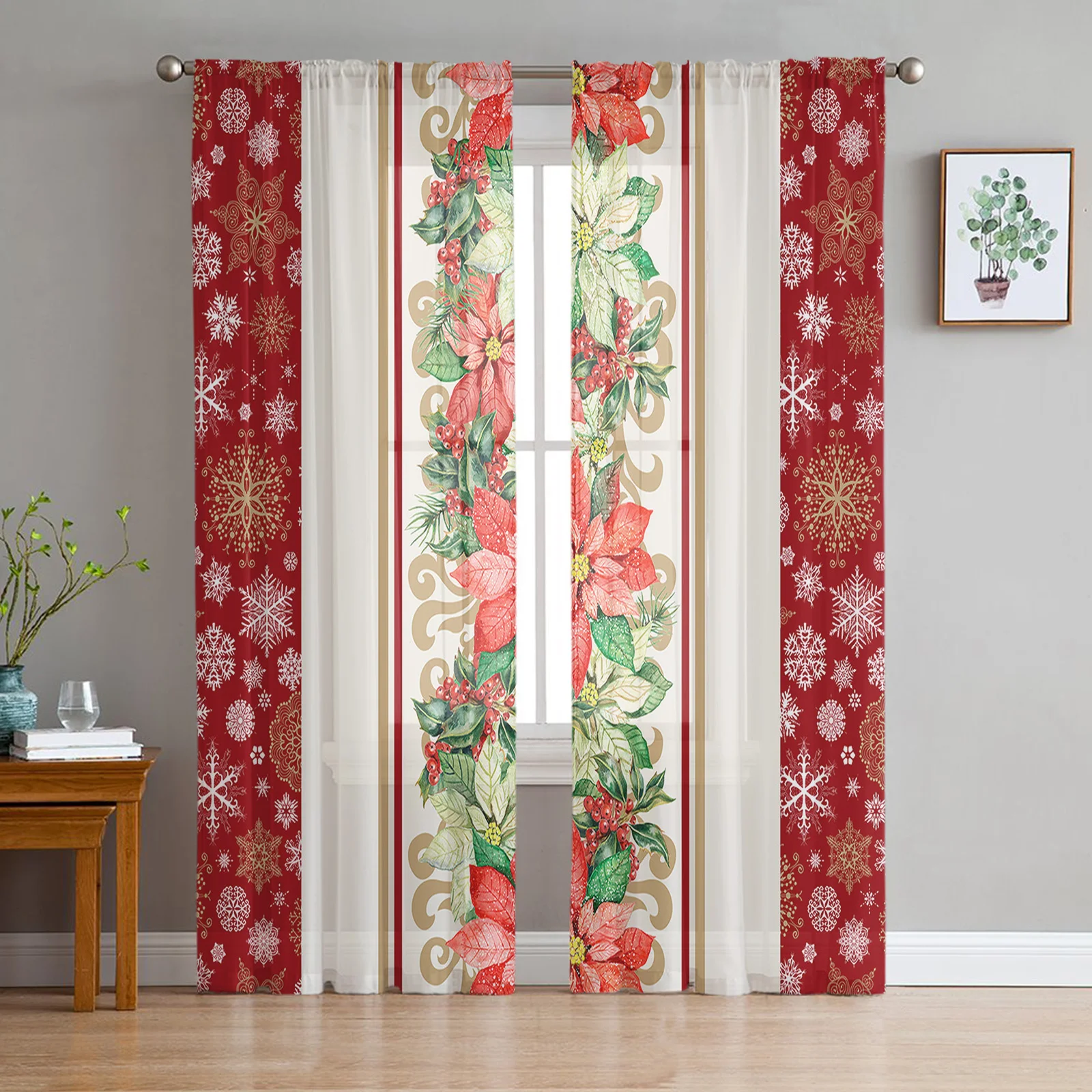 

Christmas Poinsettia Snowflakes Sheer Curtains for Living Room Bedroom Tulle Curtain for Kitchen Voile Curtain Blind Panels