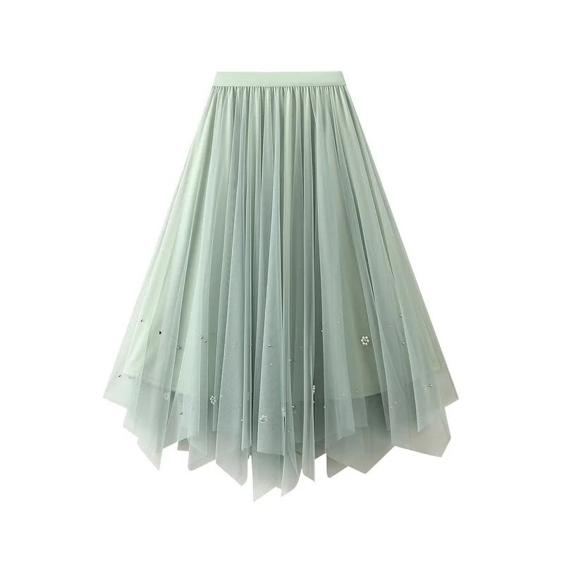 

Сетчатая юбка-трапеция Dingzhu для женщин, новая модель 2024 года, облегающая юбка с завышенной талией, асимметричная плиссированная юбка средней длины