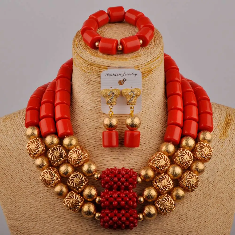 

African Jewelry Set New Designs 3 Layers Artificial Coral Beads Jewellery Set 2022 With Gold Beaded Balls