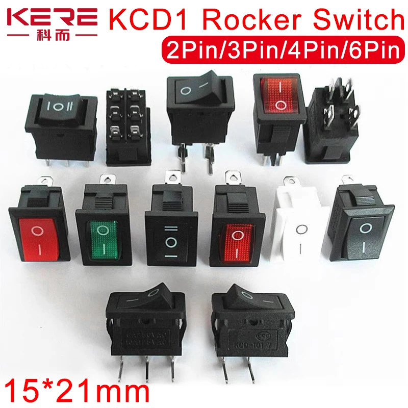 

100Pcs KCD1 21X15mm Car Rocker Switch Black 6A/250V 10A/125V Red Green Power Button Boat Switch With Light 2Pin 3Pin 4Pin 6Pin