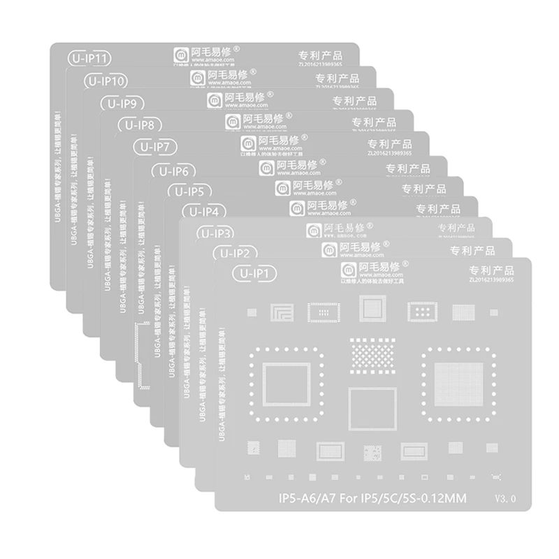 

AMAOE U-IP1-11 BGA Reballing Stencil for IP 5-15ProMax A6-A17 Universal 0.12mm UBGA Planting Tin Steel Mesh