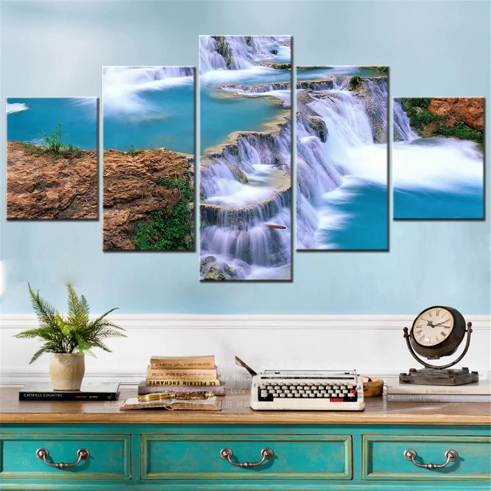 

5 piece set Autumn Forest Waterfall Mountain scenery 5D DIY full square round diamond painting embroidery home decorationWE2333
