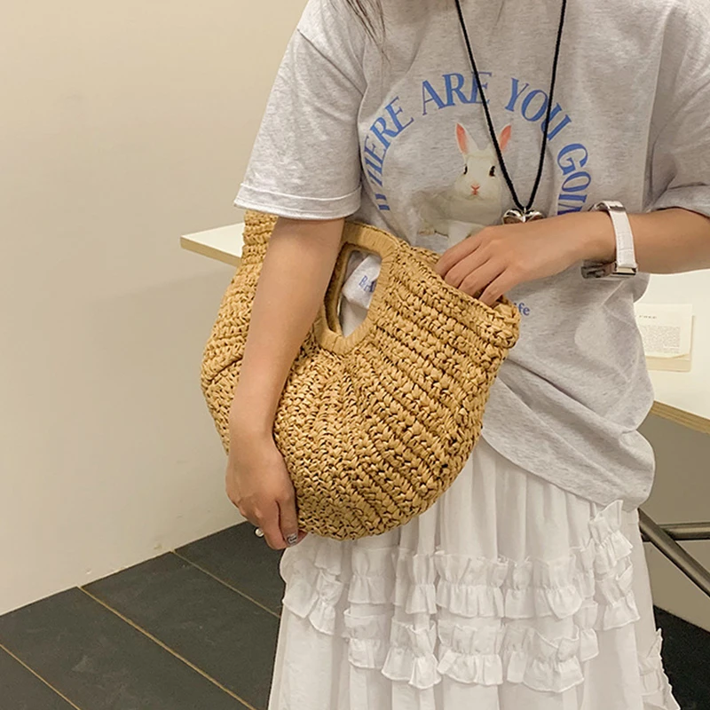Half-Moon Woven Straw Handbag - Wooden Handle Beach Shopping Basket 4 S6ffaaf8a909543b3a3a9247573f22e59M