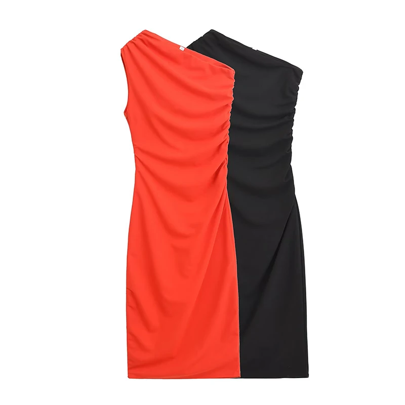 

YENKYE New Women Sexy Sleeveless Oblique Shoulder Asymmetric Midi Dress Black Red Lady Summer Party Vestidos