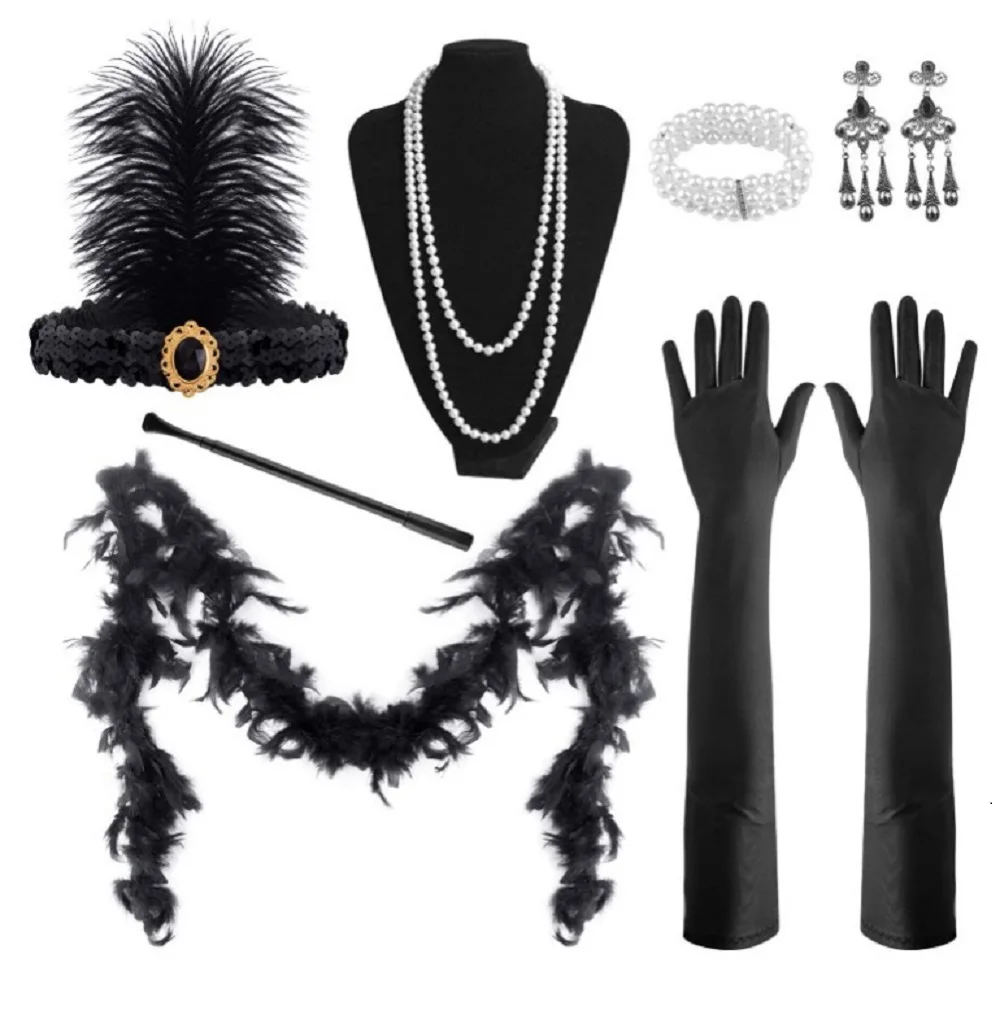 

1920s 7-Piece Set Black Diamond Feather Hair Band Set Headwear Necklace Gloves Prom Cigarette Stick Great Gatsby Flapper