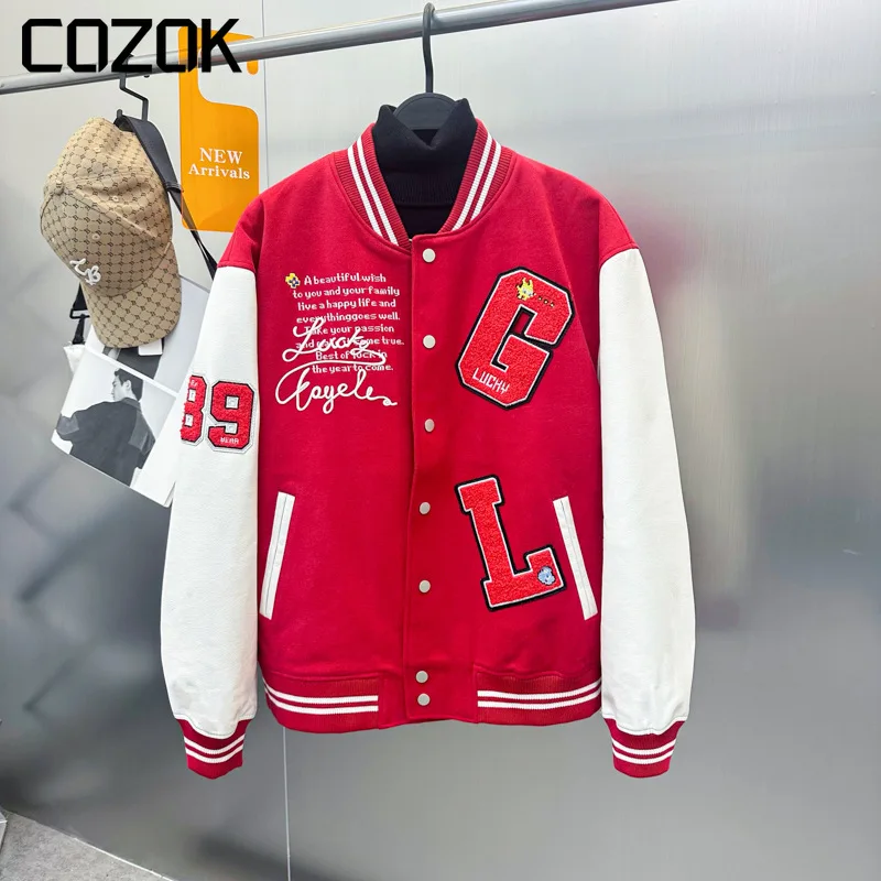 

Hip Hop Baseball Jacket Men Patchwork Red Dragon Letter Embroidery Loose Couple Autumn Causal Leather Sleeve Varsity Coat