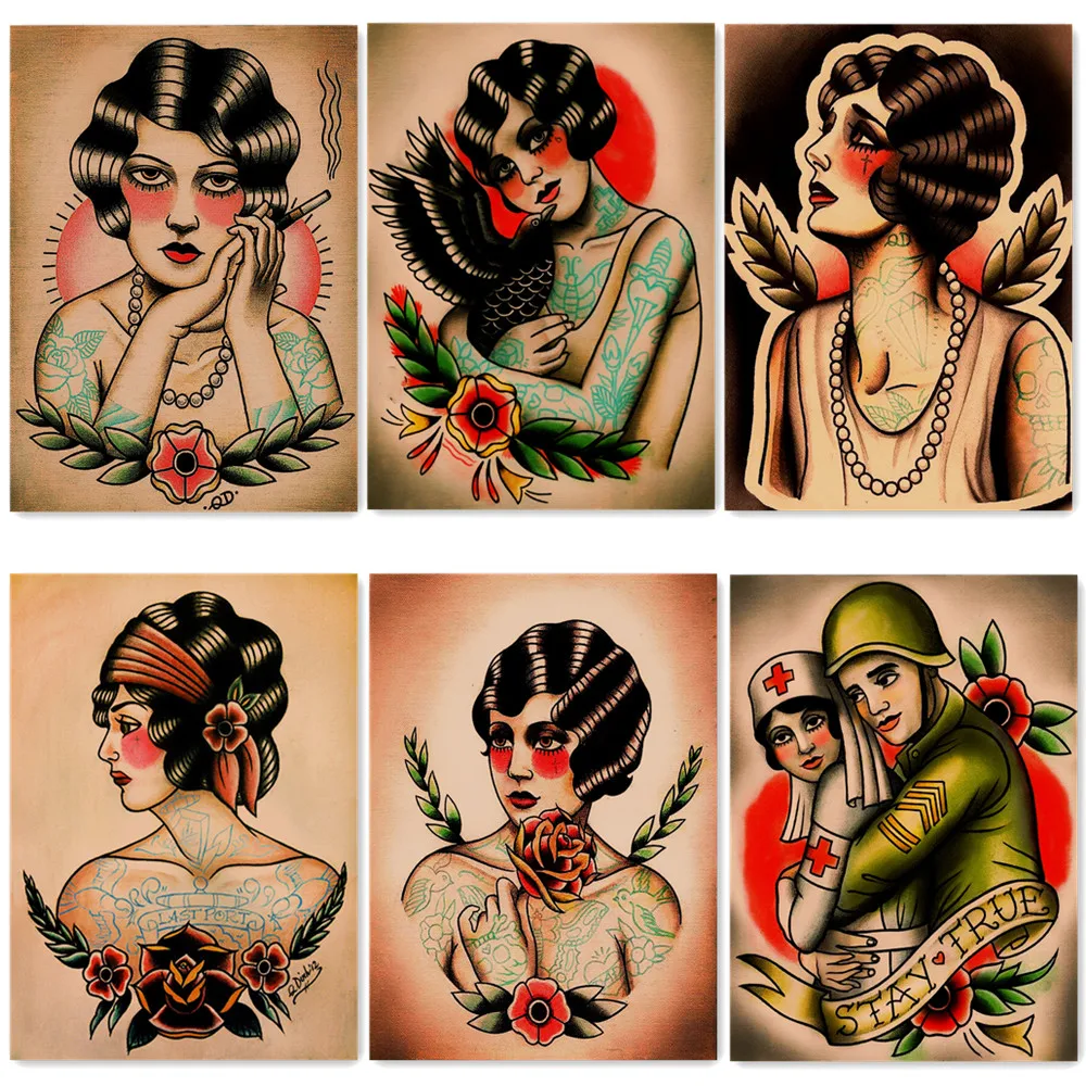 

Выразите свою любовь к художеству татуировки с этими 6 винтажными крафт-бумажными принтами-тату художественная живопись плакат идеально подходит для домашнего декора
