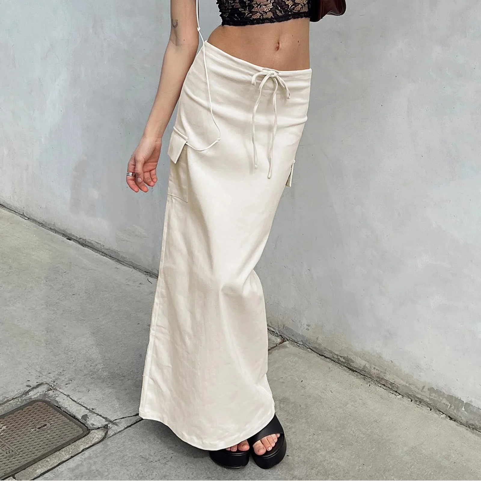 

Женская длинная юбка-карго hirigin Y2k, облегающие Макси-юбки с заниженной талией, винтажная юбка-карго с разрезом и карманами, уличная одежда