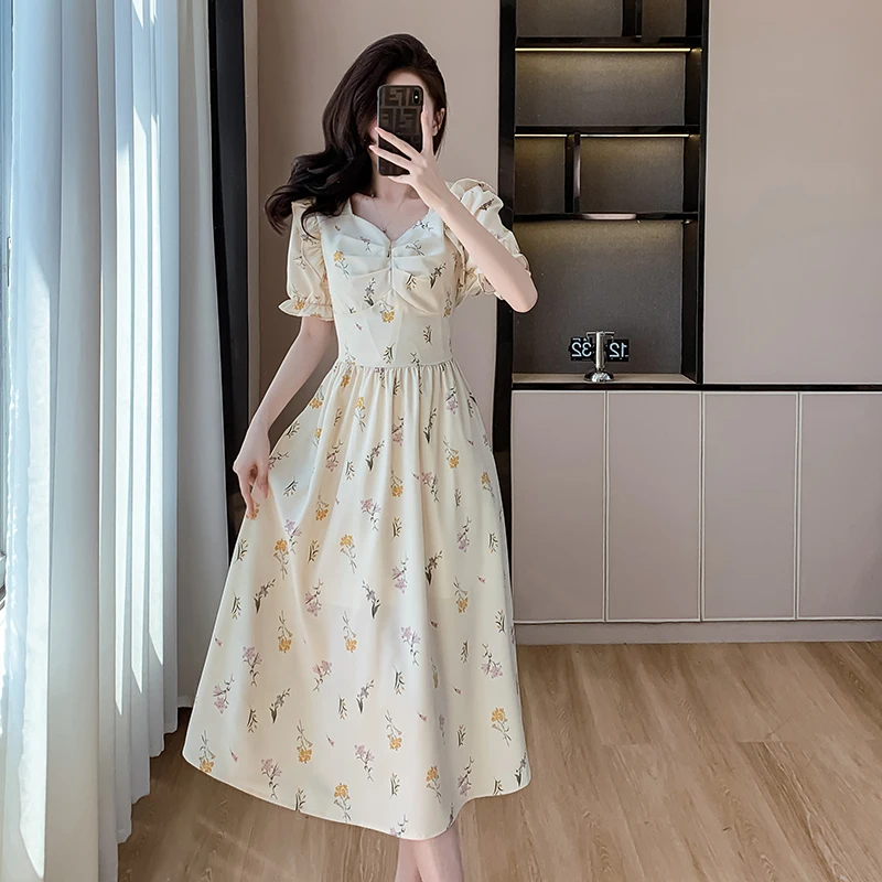 

New Sweet Cute Women Print Midi Dress Short Sleeve V-neck Flounce Summer 2024 Vintage Causal Slim Floral Fairy A-line Dresses