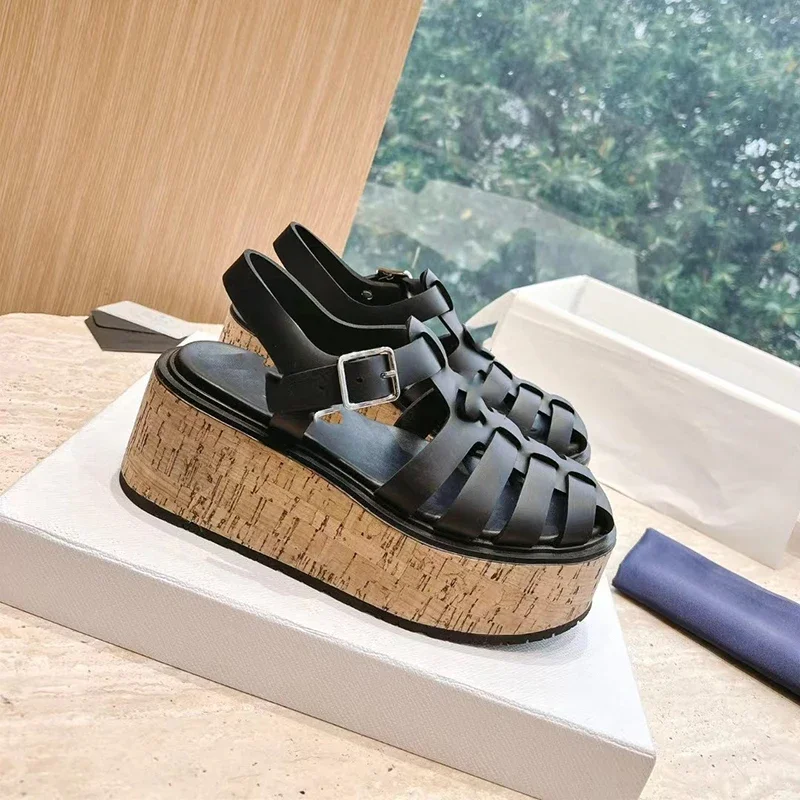 

Thick Sole Beach Sandals Round Toe Hasp Platform Popular Modern Sandals Solid Color Genuine Leather Rubber Comform Concise 2023