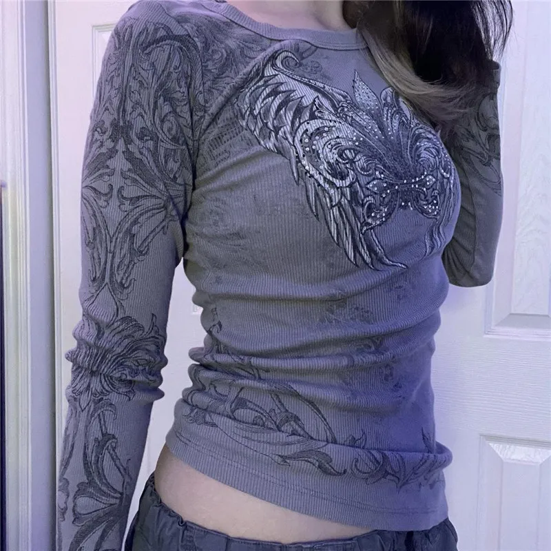 Women Gothic Pullover Tops Retro Wings Print Rhinestones Long Sleeve Shirts Blouse Casual Slim Fit T-Shirts for Fall Streetwear
Women Gothic Pullover Tops Retro Wings Print Rhinestones Long Sleeve Shirts Blouse Casual Slim Fit T-Shirts for Fall Streetwear