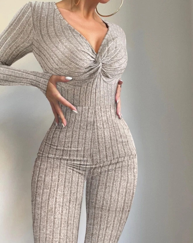 

Jumpsuit Women 2023 Spring Fashion Twisted Long Sleeve Ribbed Casual Plain Plunge Skinny Home Daily Long Jumpsuit One Pieces