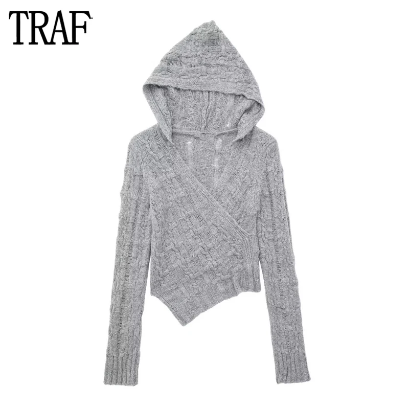 

TRAF Hooded Knitted Sweater Woman Asymmetric Short Sweaters for Women 2024 Long Sleeve Cropped Sweater Women Winter Pullovers