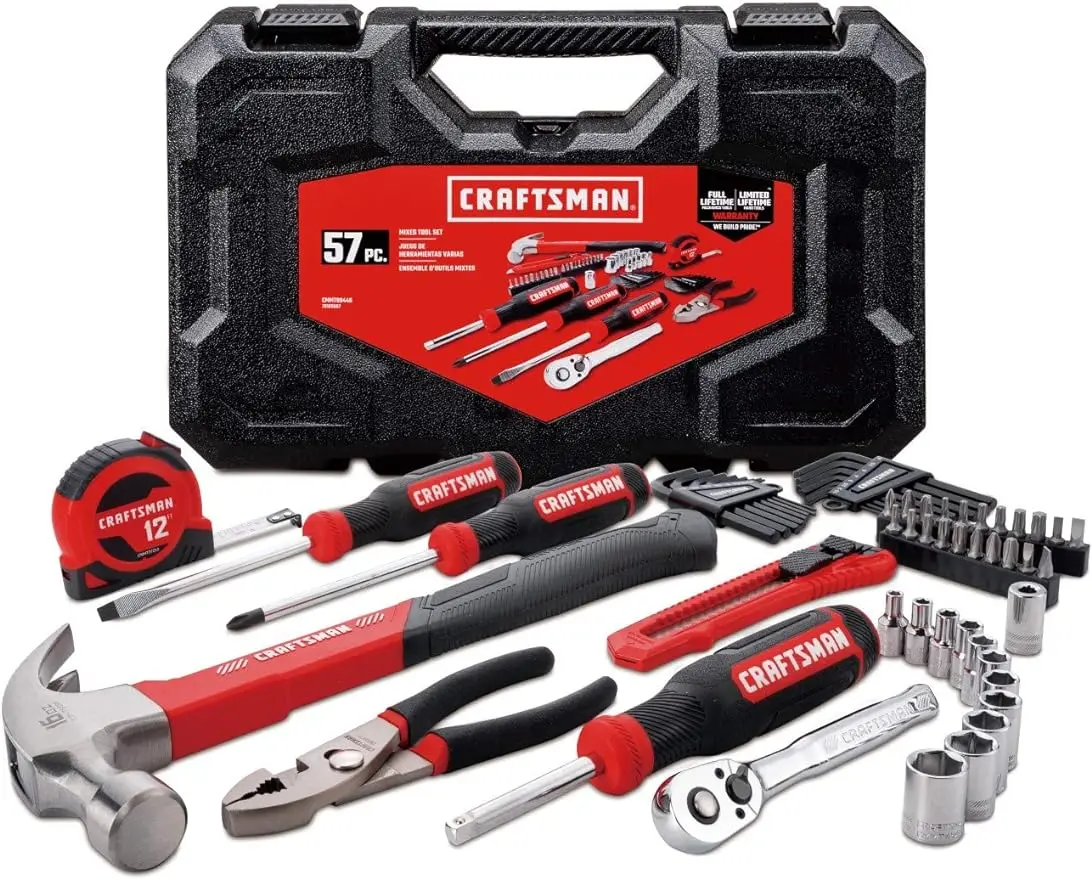 

CRAFTSMAN Home Tool Kit / Mechanics Tool Set 57-Piece Hammer Screwdrivers Drill Bits Sockets Ratchet Hex Keys Tape Measure