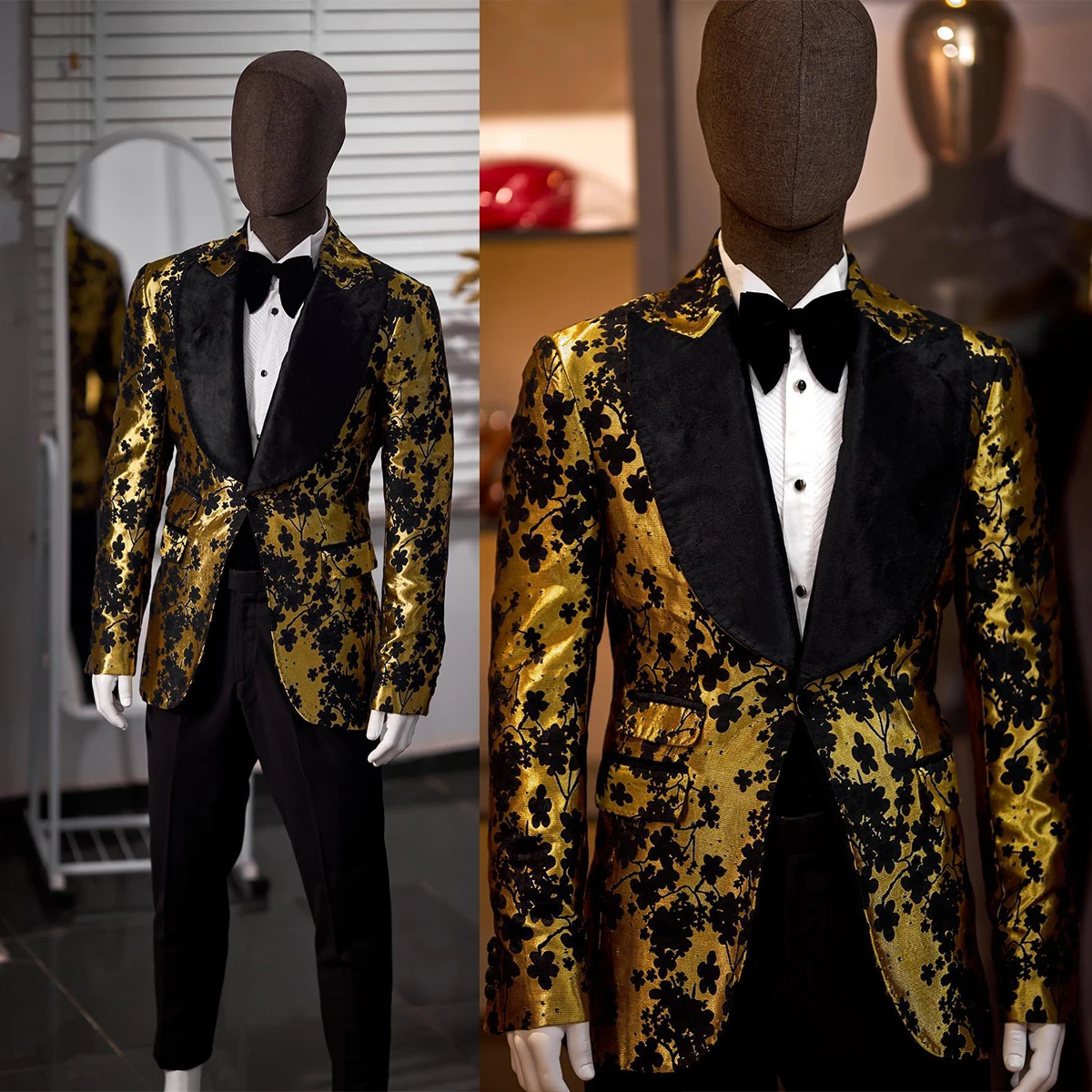 

Fashion Gold Men Suits Tuxedo Tape Peaked Lapel One Button Customized 2 Pieces Blazer Black Pants Tailored Gorgeous Party