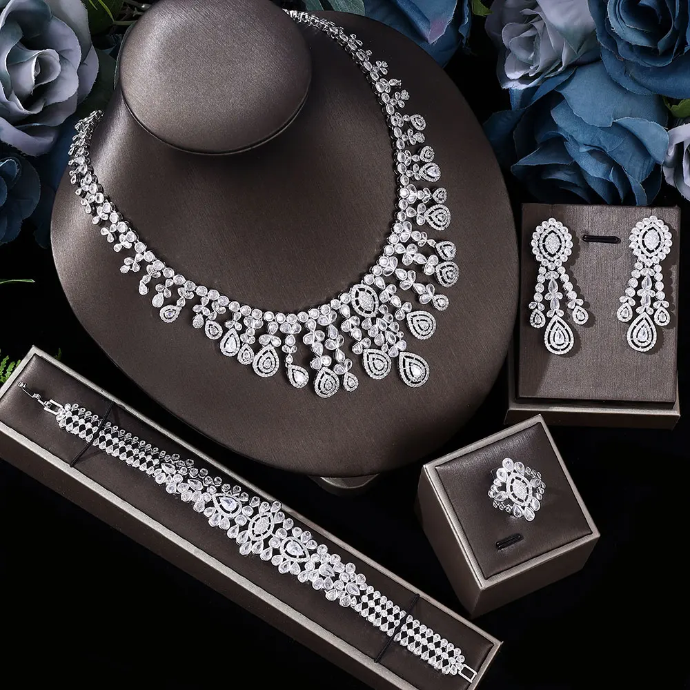 

2024 Clever and fashionable 4-piece women's luxury jewelry set Wedding Party Zircon Crystal Dubai Bridal Jewelry Set Gift
