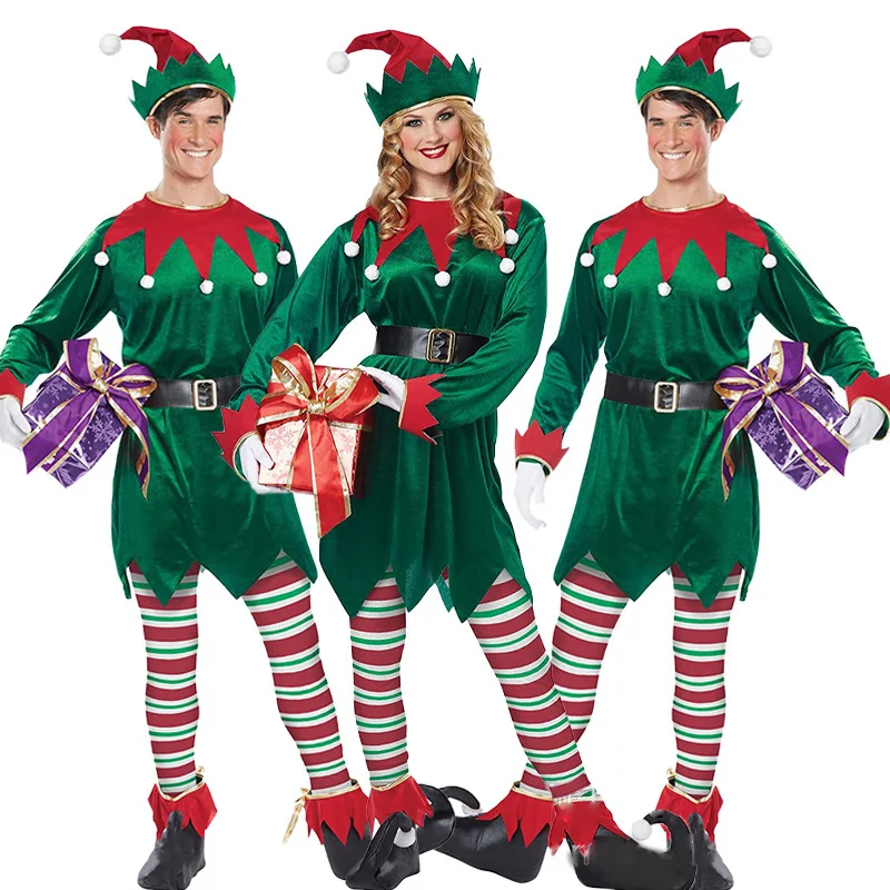

2024 New Christmas Elf Costume Women Men Adult Deluxe Santa Claus Green Elf Cosplay Clothes Set Xmas Carnival Fancy Party Dress