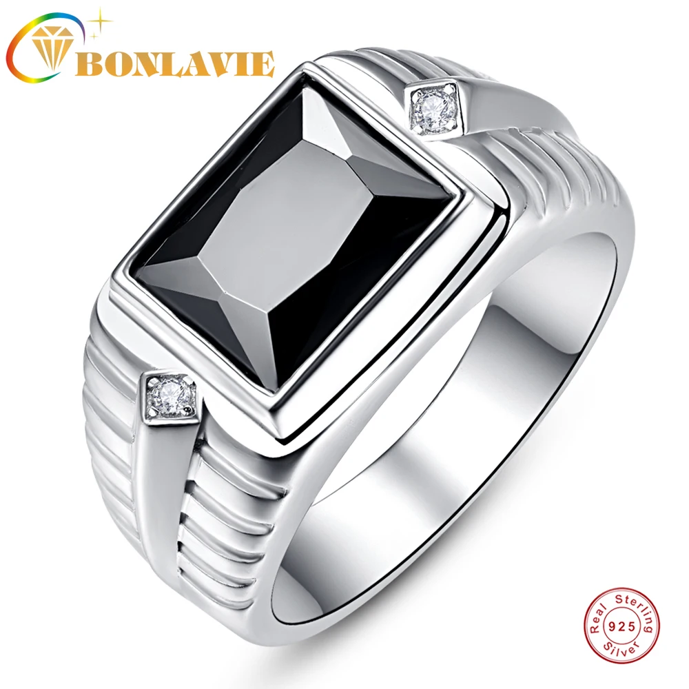 

Мужское обручальное кольцо BONLAVIE, серебристое кольцо с квадратным цирконием, новинка, черный оникс, белый Фианит, мужские обручальные кольца