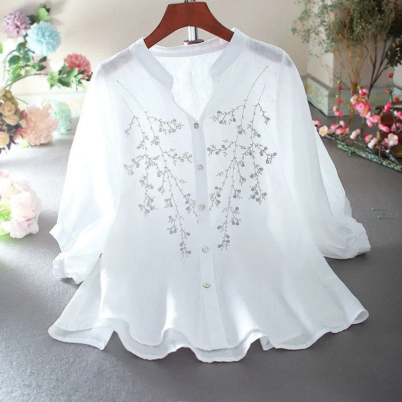 Summer New Vintage Embroidered Floral Blouses Women Shirt Pure V-Neck Ladies Top Middle Sleeve OL Loose Female Blouses
Summer New Vintage Embroidered Floral Blouses Women Shirt Pure V-Neck Ladies Top Middle Sleeve OL Loose Female Blouses