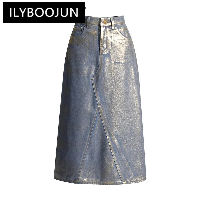 

ILYBOOJUN Colorblock Casual Denim A Line Skirts For Women High Waist Patchwork Pockets Minimalist Skirt Female Fashion New