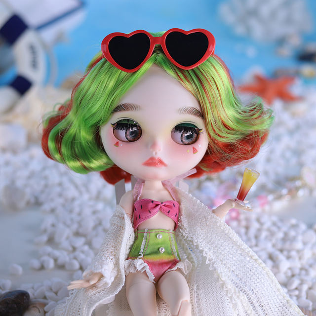 Neo Blythe Doll Bikini With Robe Hat Glasses Swimming Ring This
