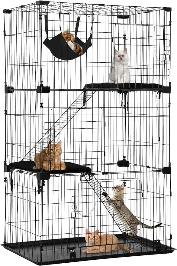 

3-Tier 67 Inch Enclosure Crate Playpen for Cats, Ferrets - With Hammock, 3 Beds, 3 Doors, 2 Ladders, Shelves