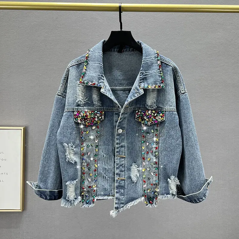 Heavy-Duty Color Drill Denim Jacket Female Tide 2023 New Spring Short Section Broken Hole Jacket Tops Thin 65
Heavy-Duty Color Drill Denim Jacket Female Tide 2023 New Spring Short Section Broken Hole Jacket Tops Thin 65