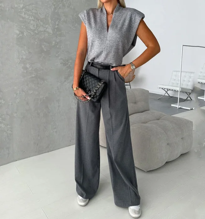 

Summer Two-piece Women's Casual V-neck Sleeveless Blouse Top and Elegant Commuting High Waisted Ruched Straight Leg Pants Set