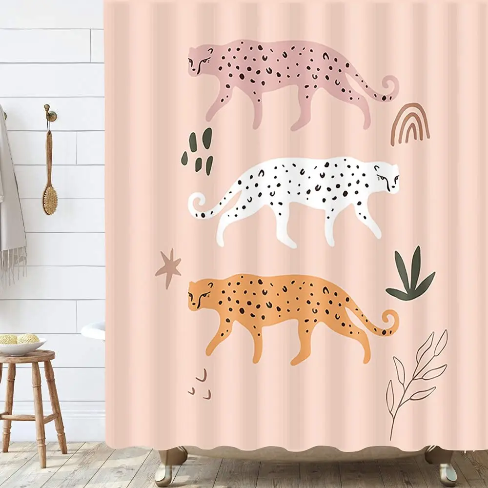 

Boho Leopard Shower Curtain Bohemia Pink Rainbow Vintage Tropical Abstract Animal Wildlife Bathroom Decor Fabric Curtains