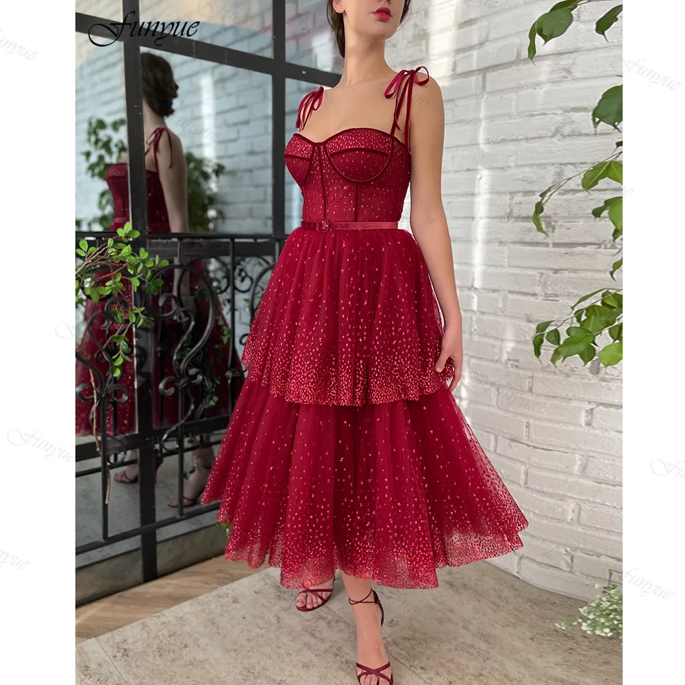 

Funyue Modern Red A-Line Prom Dresses 2022 Sweetheart Spaghetti Strap Tulle Tea-Length Sashes Evening Prom robes de soirée