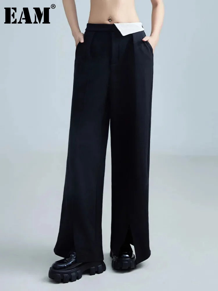 

[EAM] High Waist Black Color-block Long Wide Leg Pants Split New Loose Trousers Women Fashion Tide Spring Autumn 2024 1DH2439