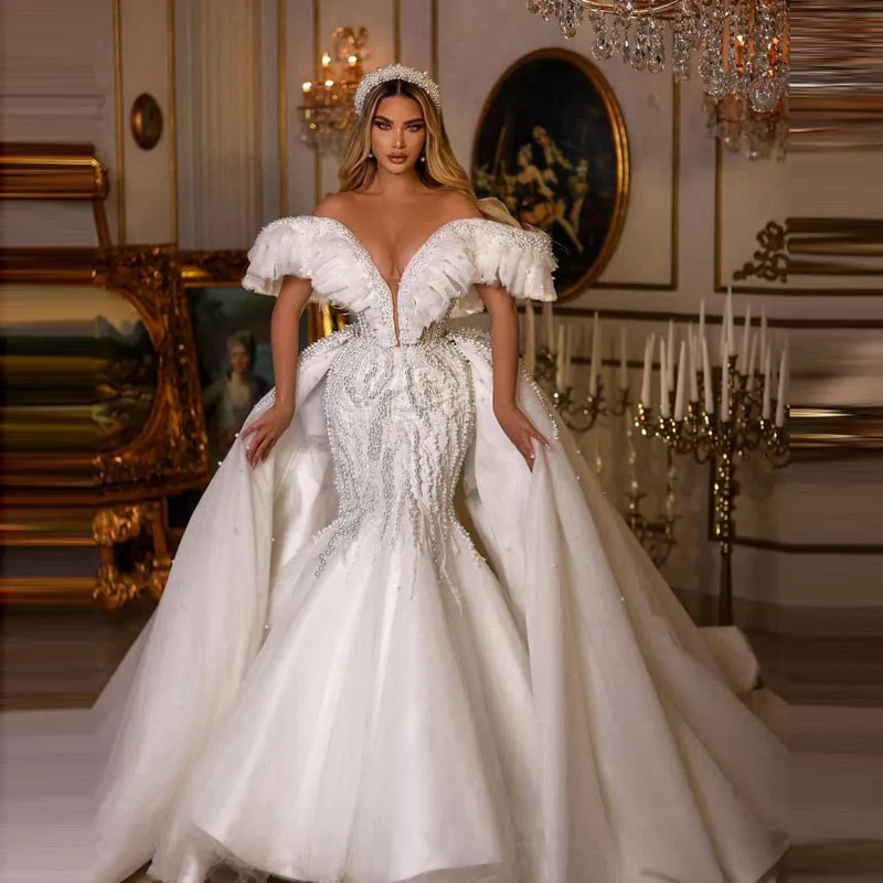 Beaded Off The Shoulder Mermaid Wedding Dress Luxury Beads Tulle White Bridal Dresses Long Detachable Train Tulle Party Gowns
Beaded Off The Shoulder Mermaid Wedding Dress Luxury Beads Tulle White Bridal Dresses Long Detachable Train Tulle Party Gowns
