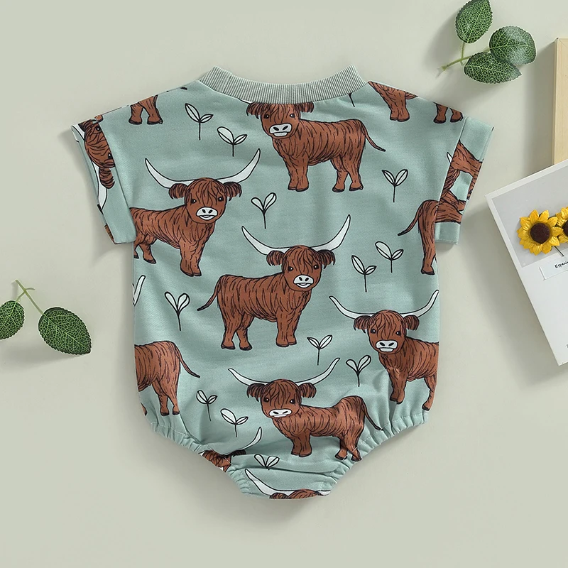 

Western Baby Boy Girl Outfit Cow Print Bubble Romper Short Sleeve Shirt Bodysuit Newborn Summer Cow Clothes