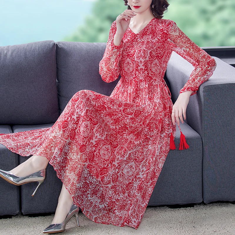 2023 Spring and Summer New Silk V-Neck Printed Dress Silk Satin Long Sleeve Lace-up Red Mid-length Knee Length Dress
2023 Spring and Summer New Silk V-Neck Printed Dress Silk Satin Long Sleeve Lace-up Red Mid-length Knee Length Dress