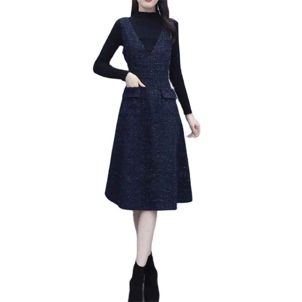 

Women's England Style Woolen Midi Dress Warm Sleeveless Dress Navy Khaki Green Plaid Thick Warm Elegant Vintage Fall Winter