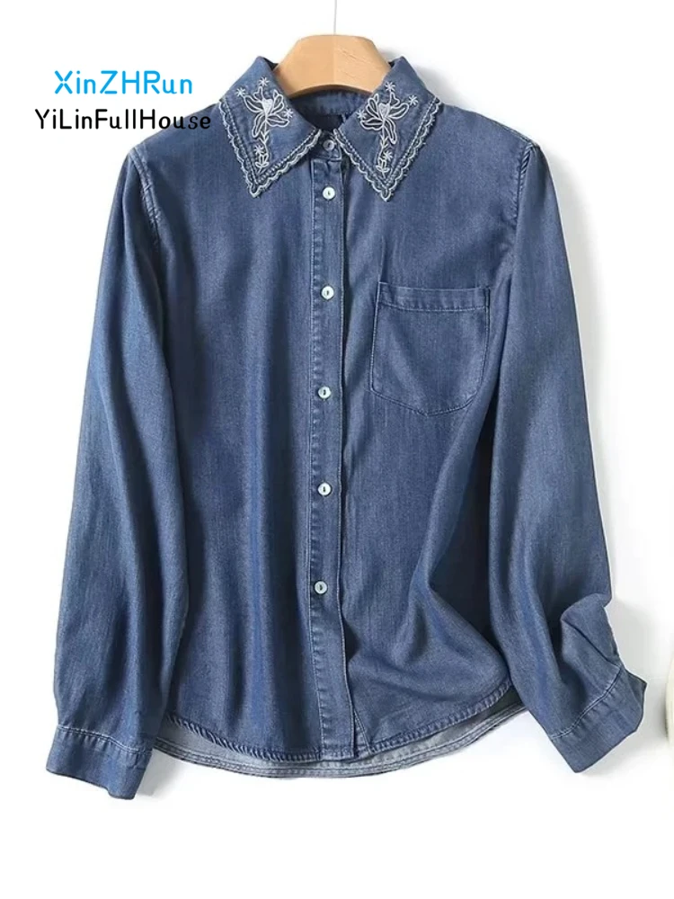 

Spring Summer New Women Fashion Ethnic Style Embroidered Collar Single Breasted Women's Simple Versatile Long Sleeved Denim Top