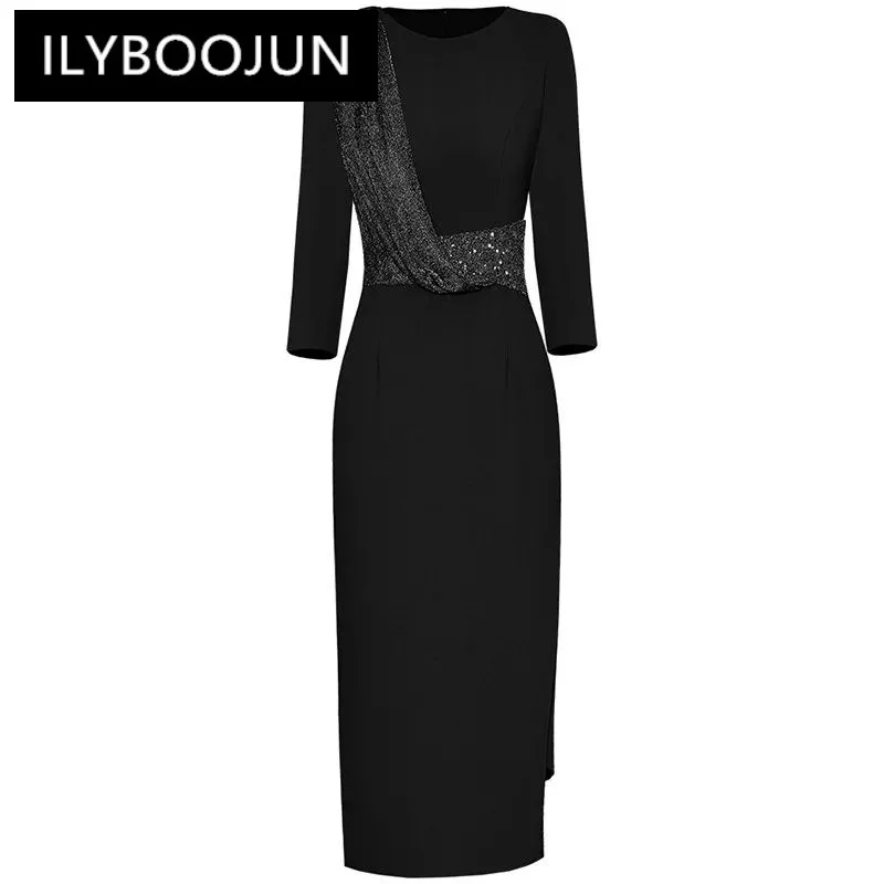 

ILYBOOJUN Fashion Designer Black Vintage Party Dress Women O Neck Long Sleeve Sequins Package Buttock Slit Slim Long Dress