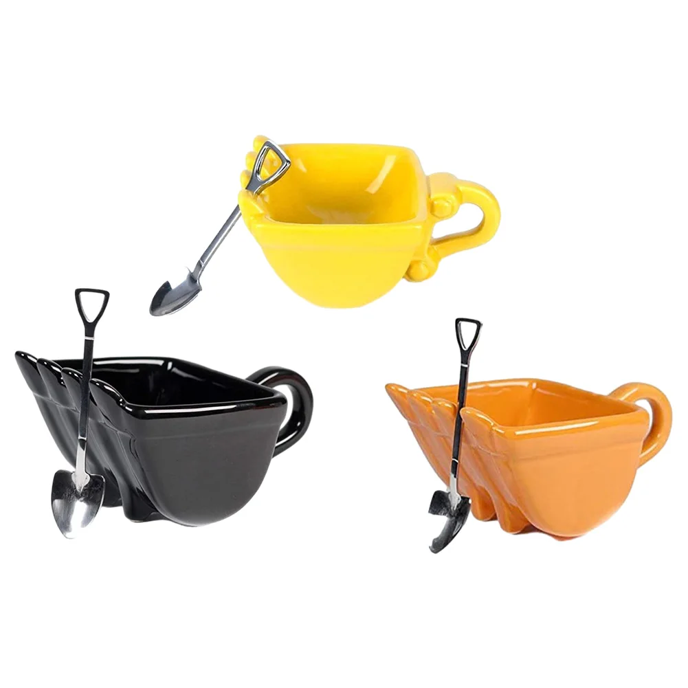 

3D Yellow Excavator Bucket Model Cafe Coffee Mug With Spade Shovel Spoon Funny Digger Ashtray Cake Container Tea Cup OrangeBlack